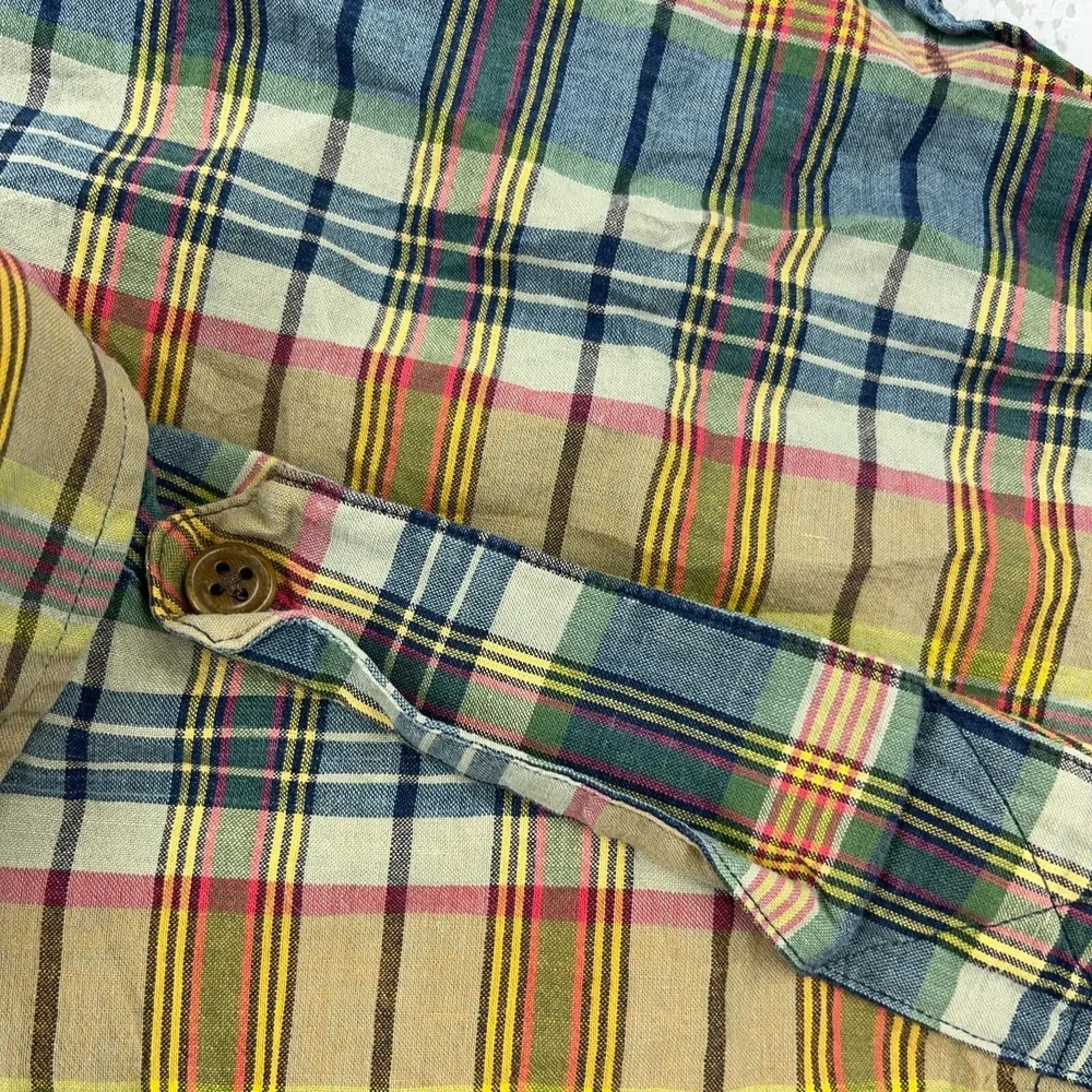 Polo Ralph Lauren‎ Shirt Men Large Green Blue Madras Plaid Button Up Epaulettes